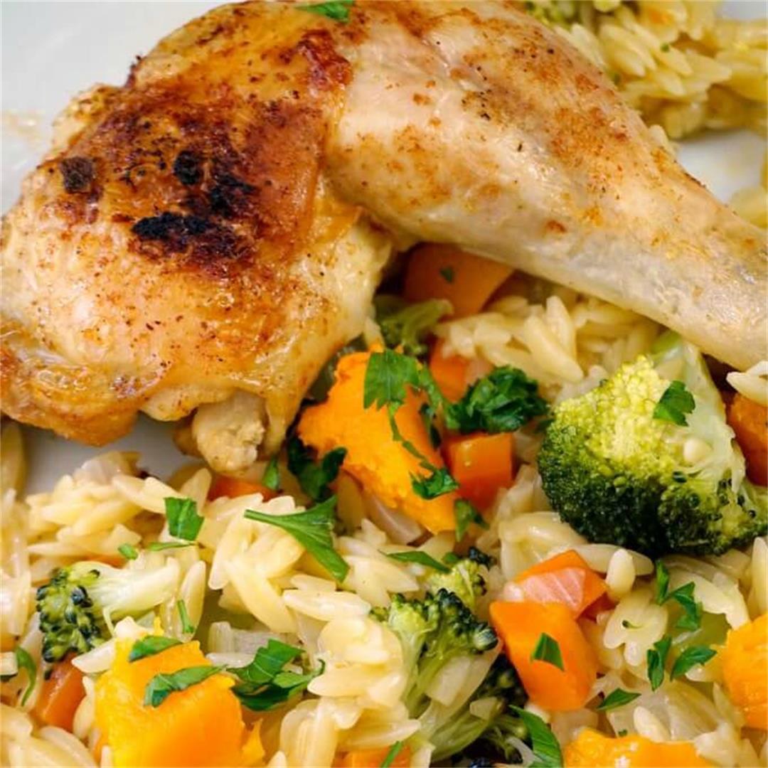 Roasted Chicken Leg Quarters with Veggie Orzo