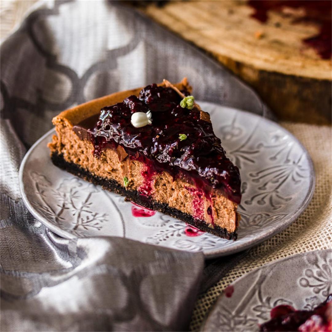 Baked Chocolate Cheesecake Recipe with Blackberry Compote