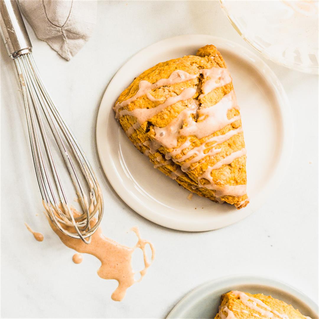 Tender pumpkin scones topped with maple cinnamon glaze