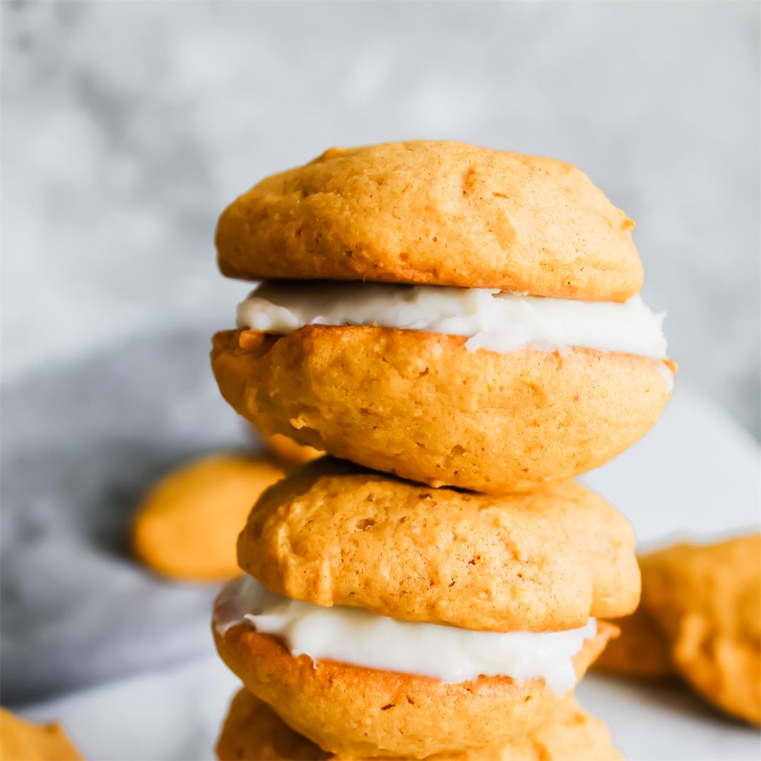Pumpkin Spice Whoopie Pies with Cream Cheese Frosting!