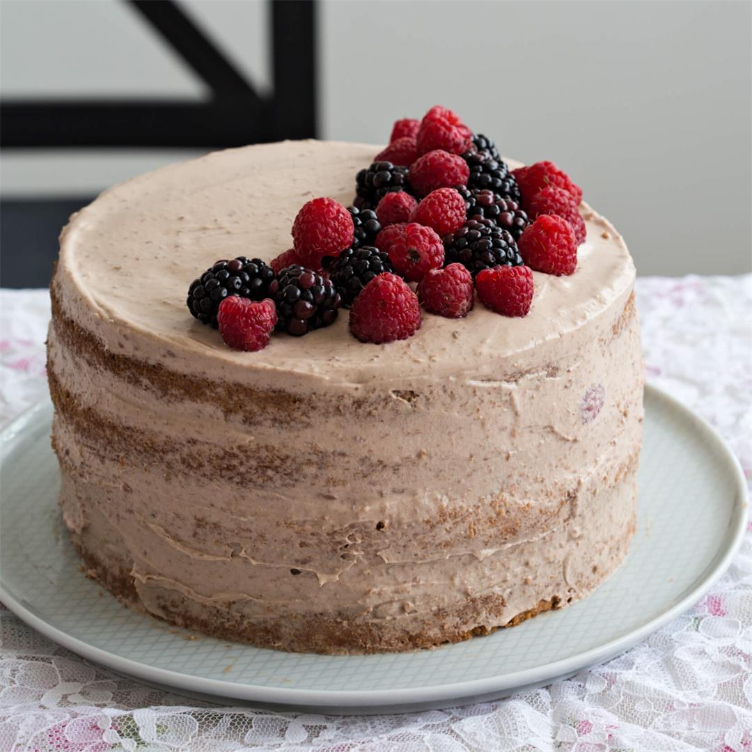 Tender Vanilla Cake with Chocolate Frosting and Berries