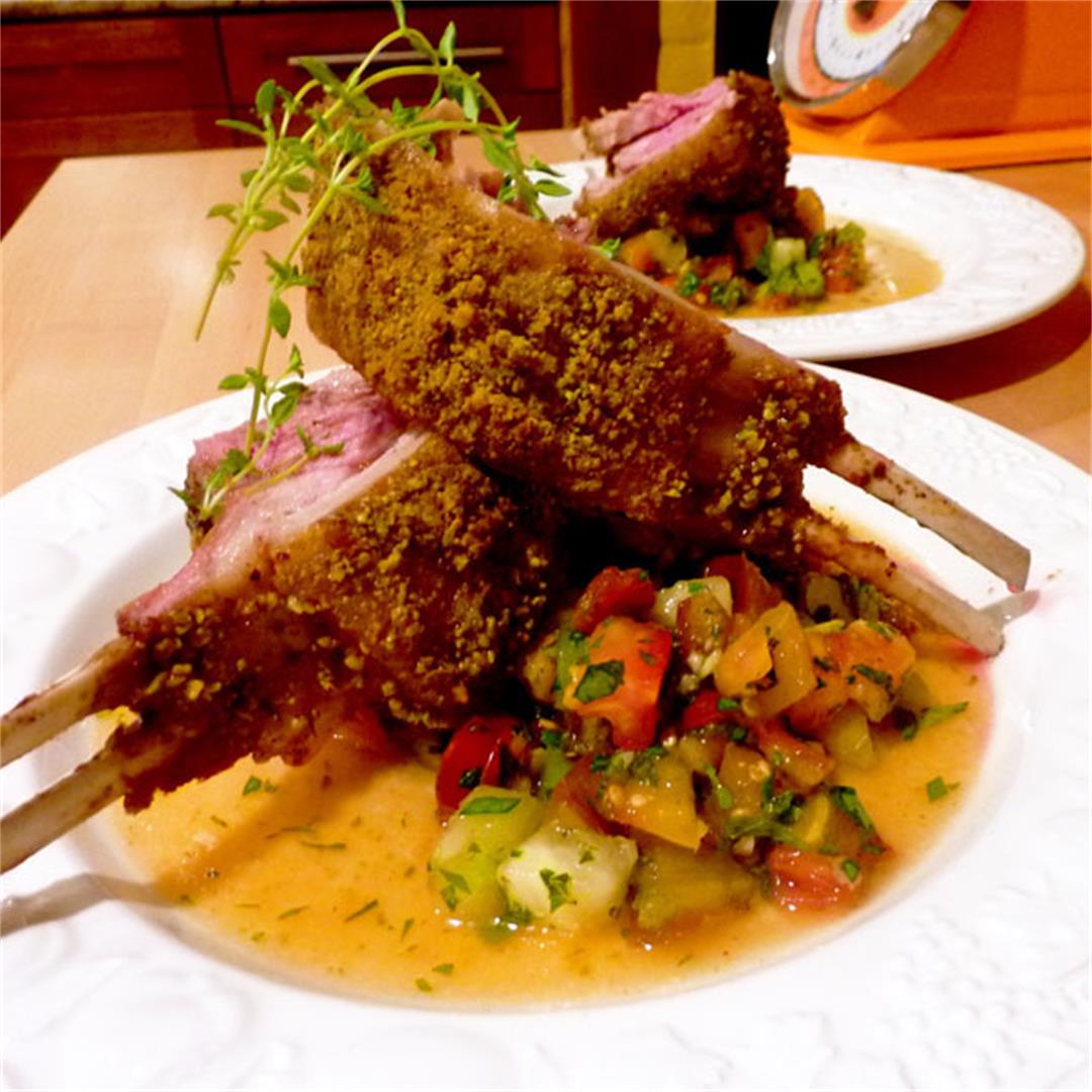 Pistachio Crusted Rack of Lamb with Heirloom Tomato Salsa