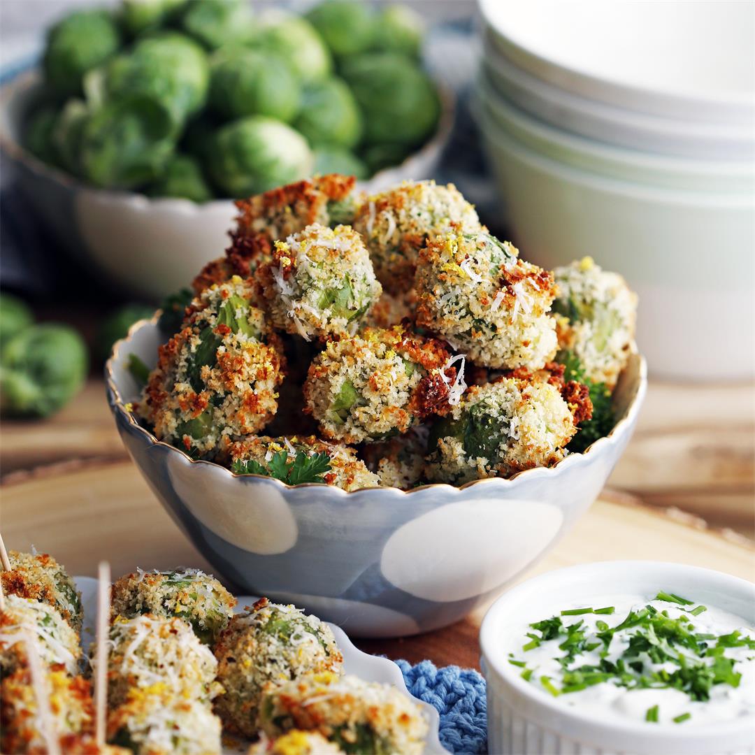 Parmesan Brussels sprouts with Sour Cream Herb Dip