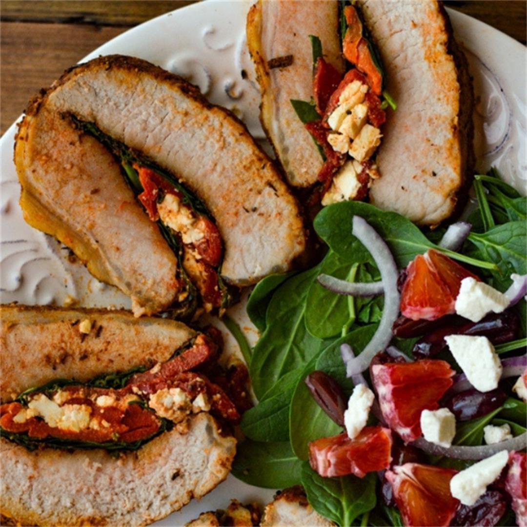 Pork Roast Stuffed with Roasted Red Peppers, Feta, and Spinach