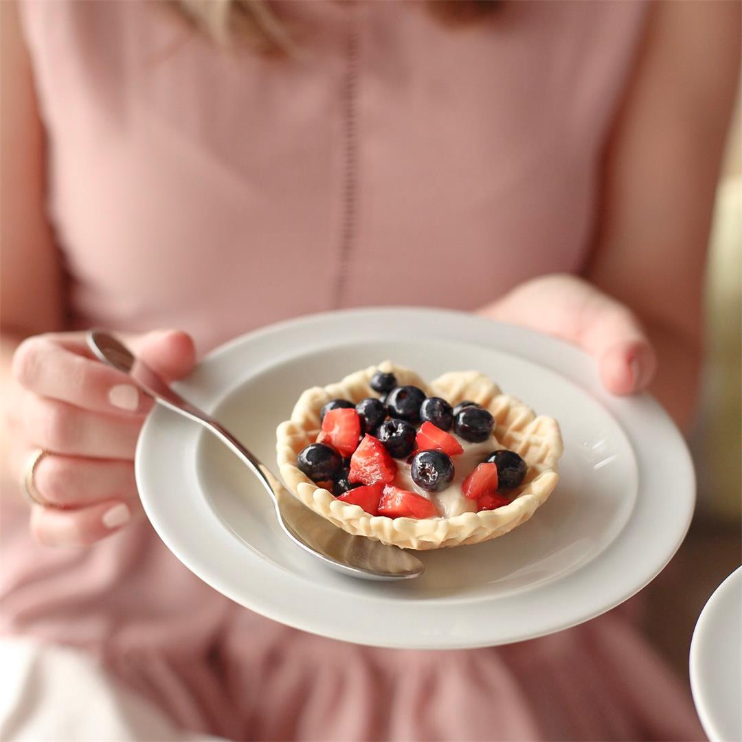 Italian pizzelle cups with sweet mascarpone and mixed berries