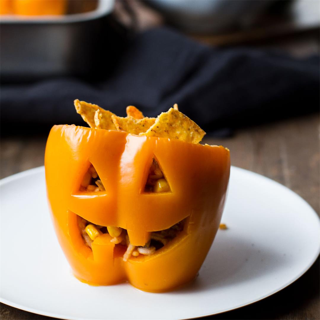 Rice and Beans Halloween Jack O'Lantern Peppers