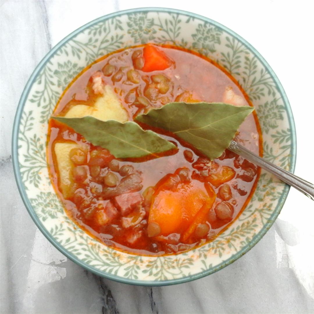 A delicious traditional Greek Lentil Soup filled with Veggies.