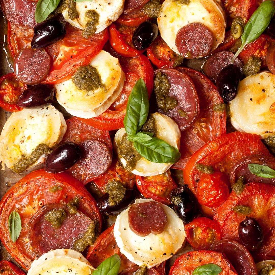 Baked Tomato and Goats Cheese with Salami & Olives