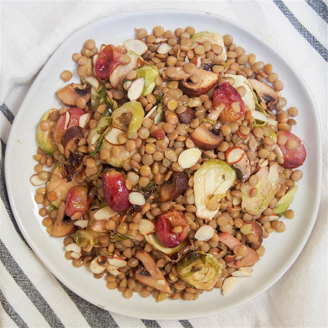Vegan lentil salad with roasted Brussels sprouts