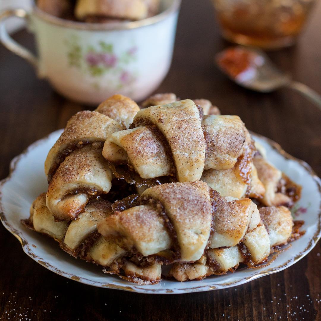 Rugelach filled with fig jam, walnuts and cinnamon brown sugar
