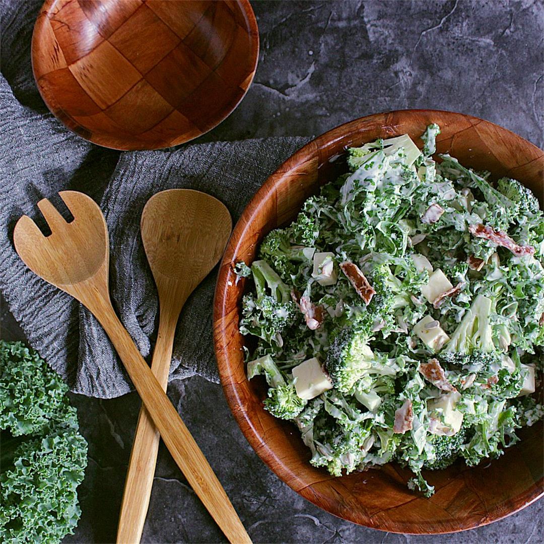 Low Carb Broccoli Salad with Bacon, Cheddar and Kale
