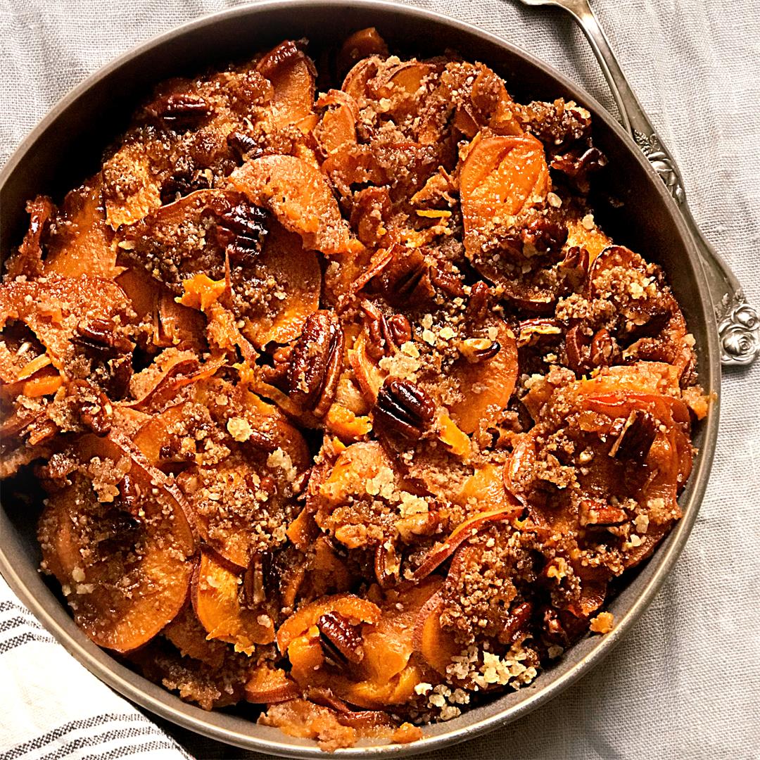 Scalloped sweet potatoes with pecans & ginger