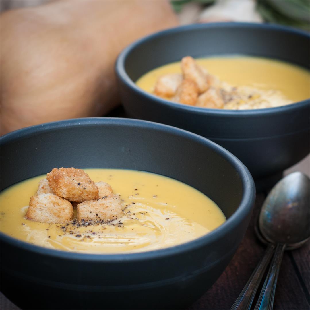 Roasted butternut squash and garlic soup with fresh sage