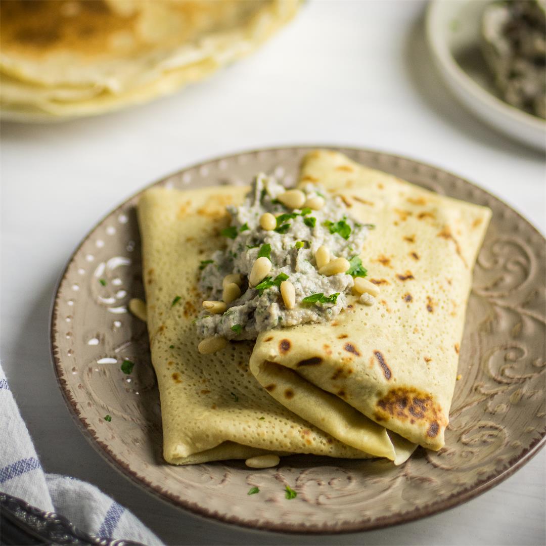 Savory crepes filled with mushrooms and cashew cream