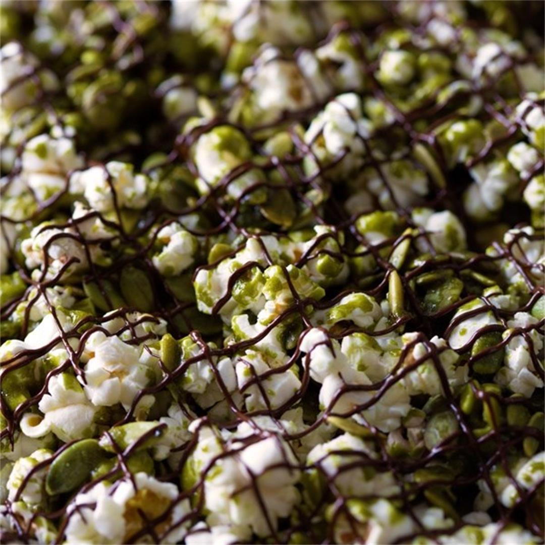 Candied green tea popcorn,  with pepitas and dark chocolate.