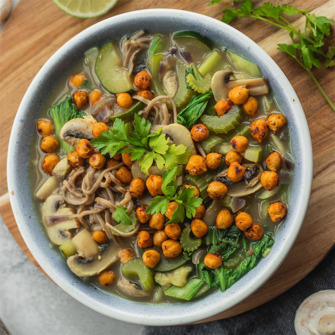 Vegan noodle soup with roasted chickpeas