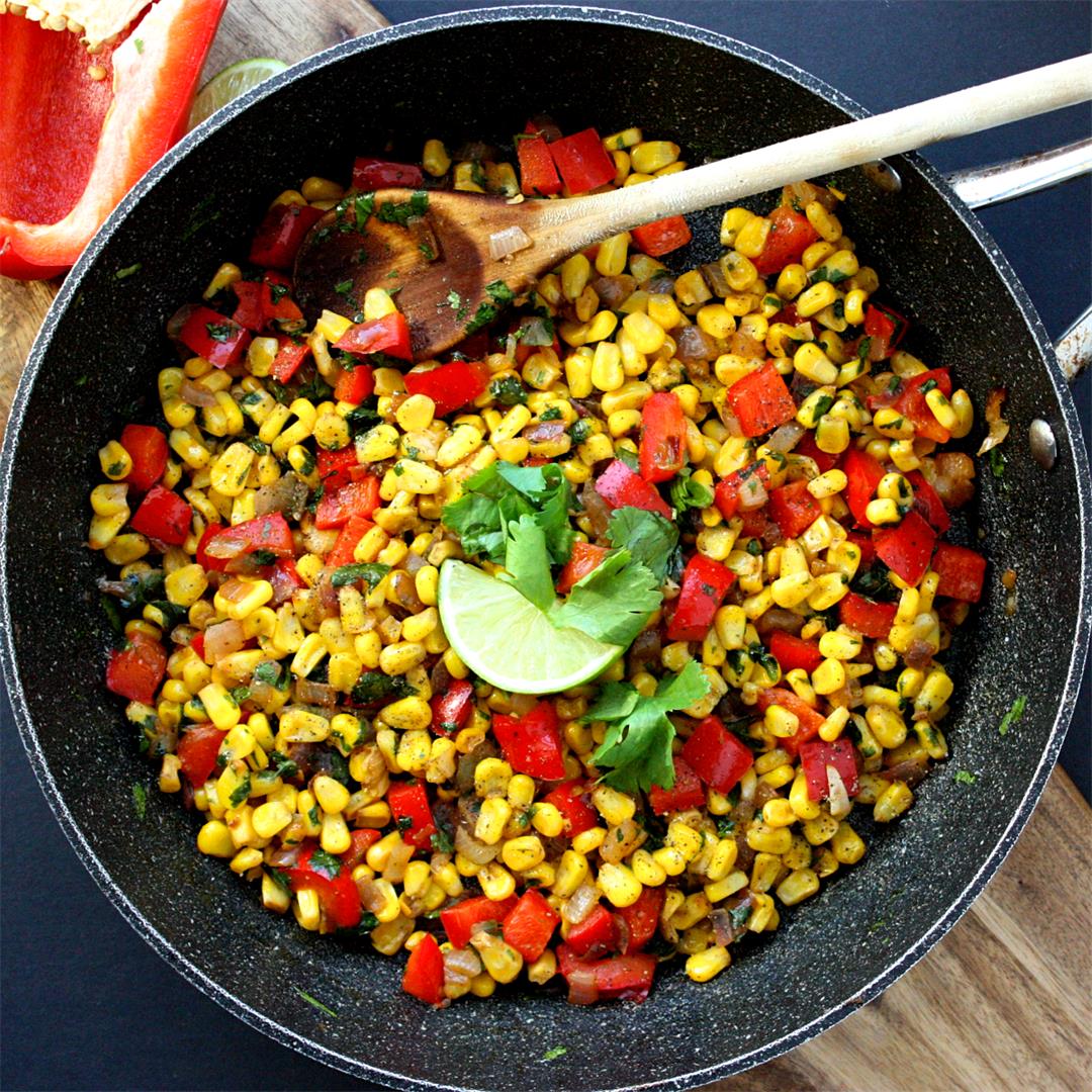 Sautéed sweet corn with red pepper and cilantro