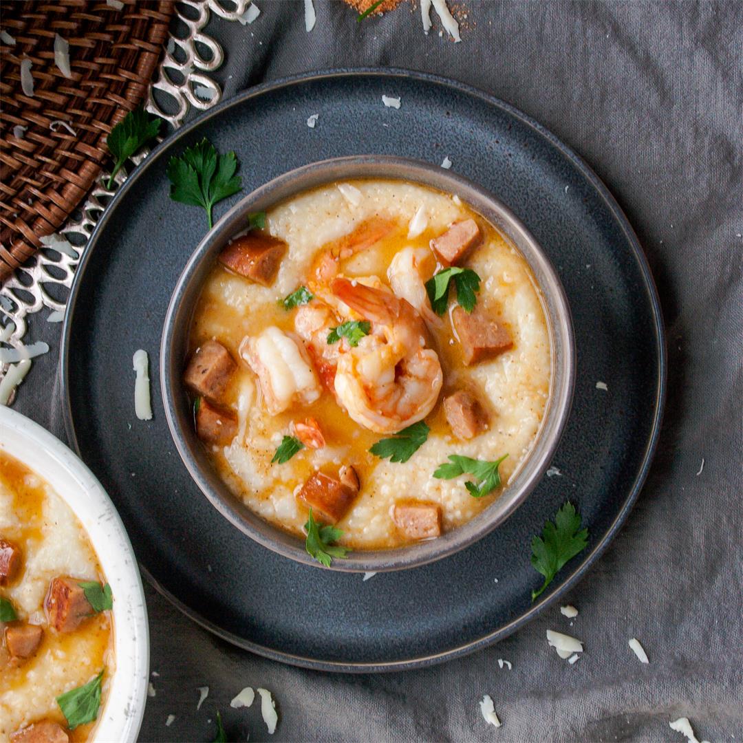Shrimp and Grits with Asiago Cheese and Andouille Sausage
