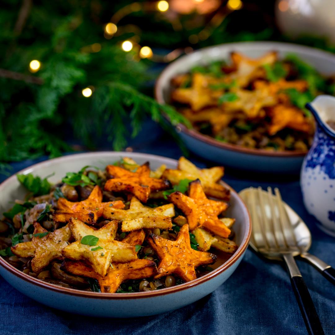 Festive Lentil and Mushroom Bowl with Star Potatoes