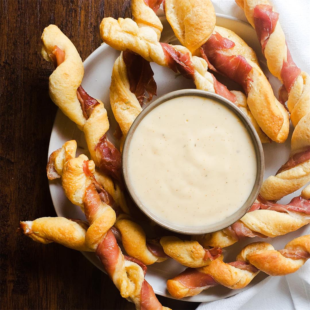 Prosciutto Breadstick Twists with Gouda Cheese Dip