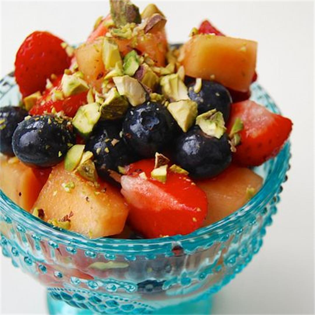 Fruit Salad with Rose Syrup, Greek Yogurt & Pistachios