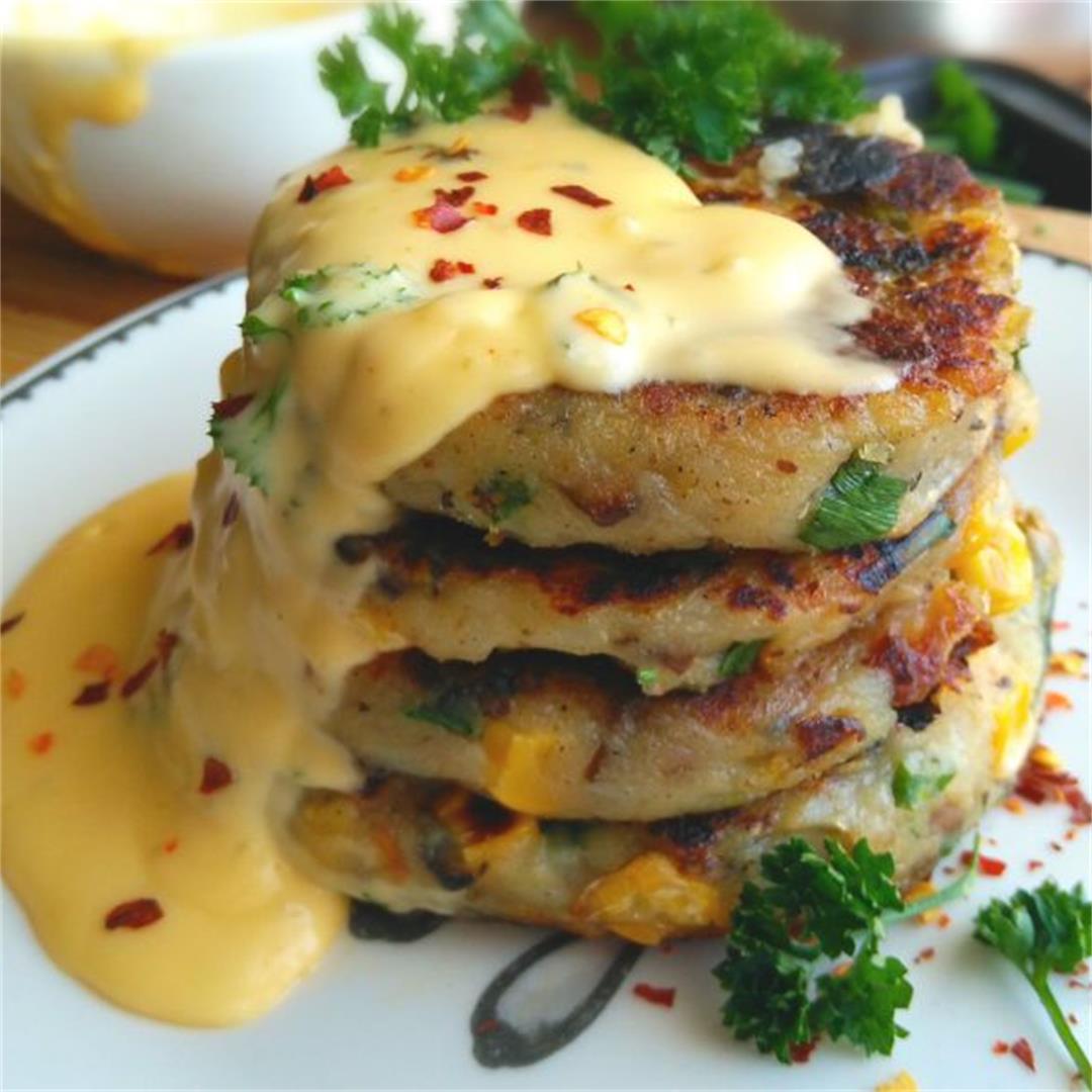 Spicy Potato Cakes with creamy cheese sauce