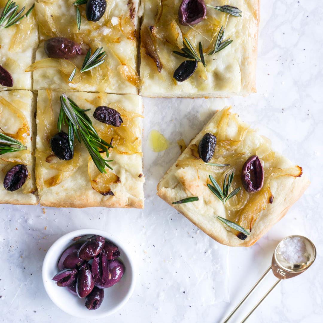 Focaccia with olives and onions