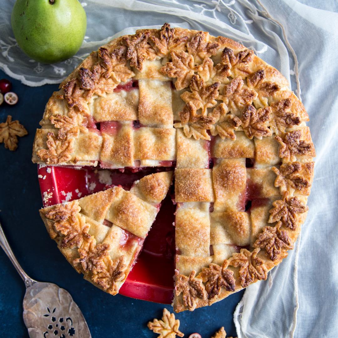 Pear Cranberry Pie with decorative lattice crust