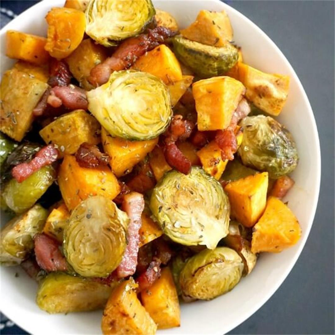 Maple Roasted Brussel Sprouts with Bacon and Sweet Potatoes