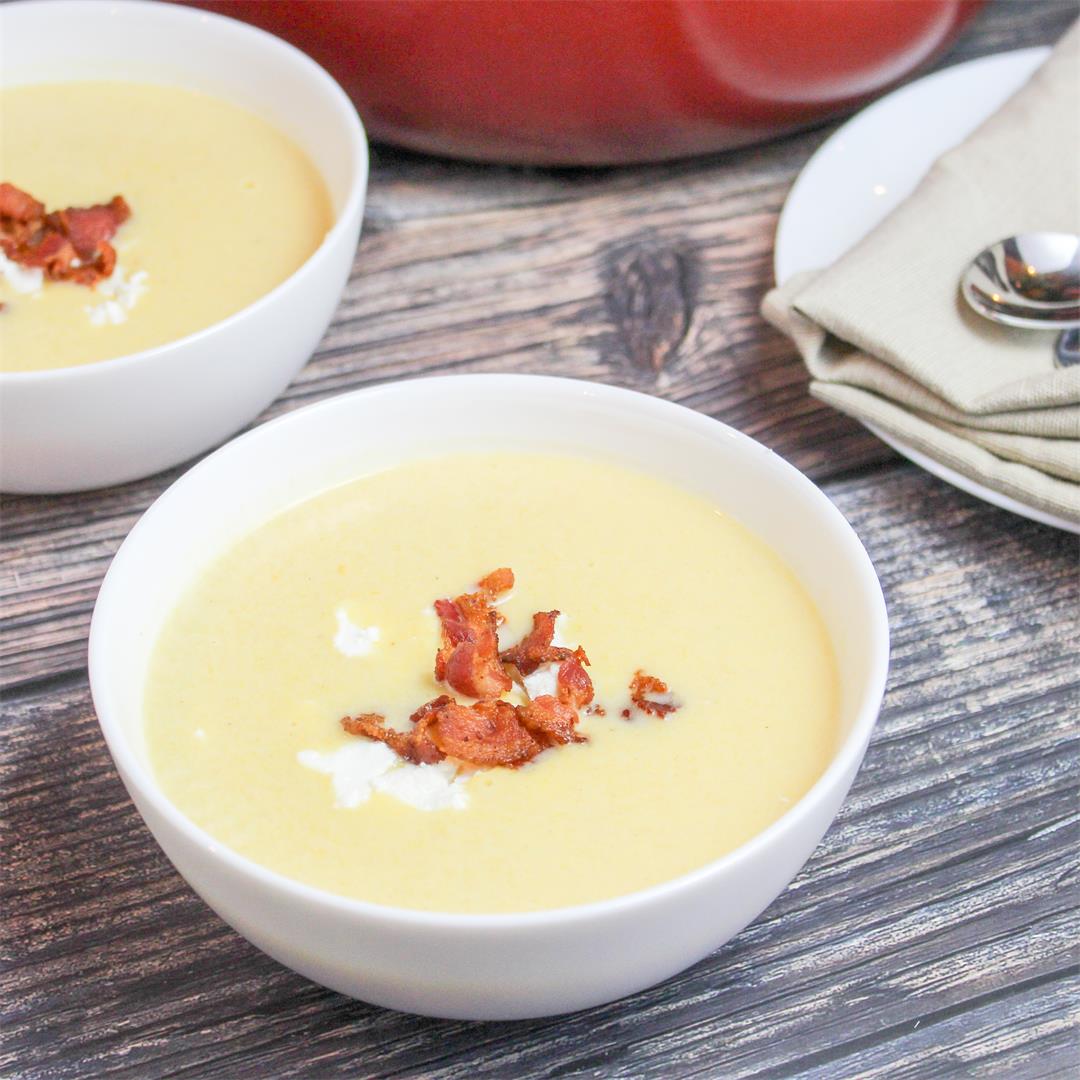 Creamy Maple Squash Soup with Goat Cheese and Bacon