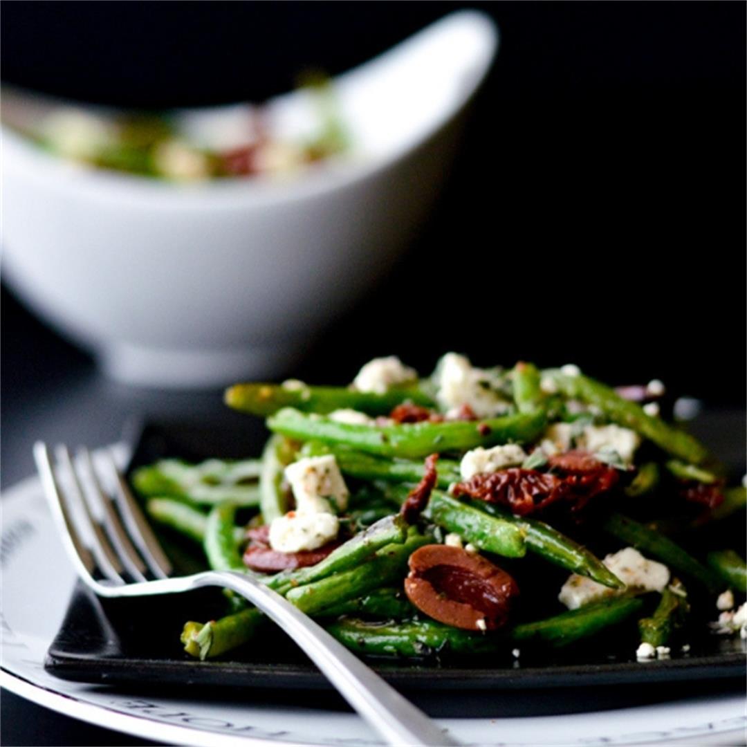 Roasted Green Beans with Feta, Sun-dried Tomatoes and Olives
