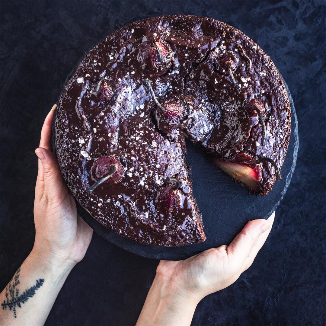 Spiced Red Wine Pear and Chocolate Cake