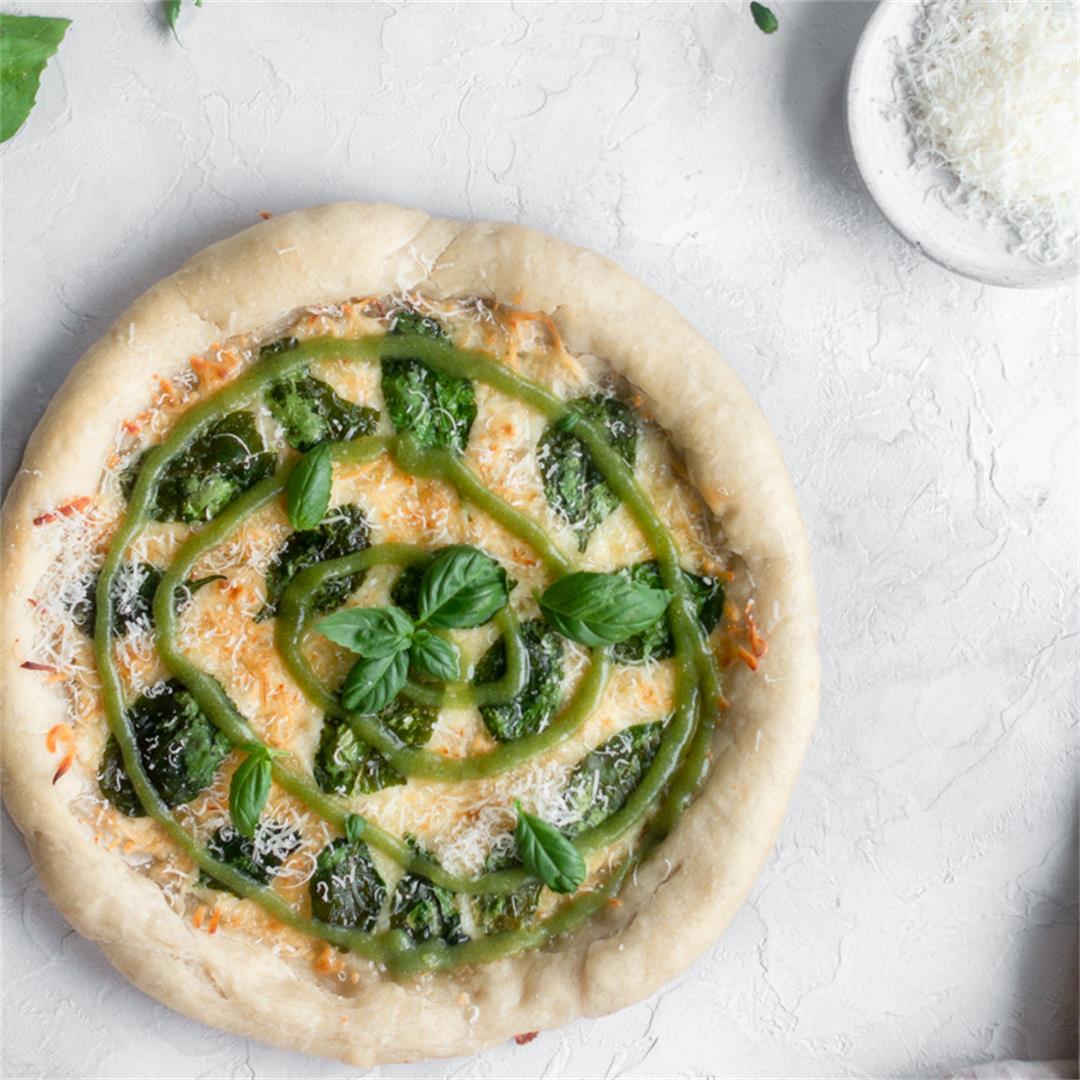 Funky Pizza Skillet with Goat Cheese Pesto Swirl