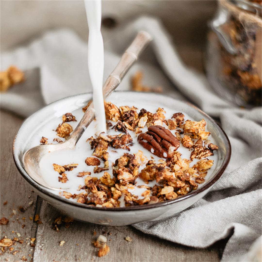 Healthy Pumpkin granola with chocolate and pecans