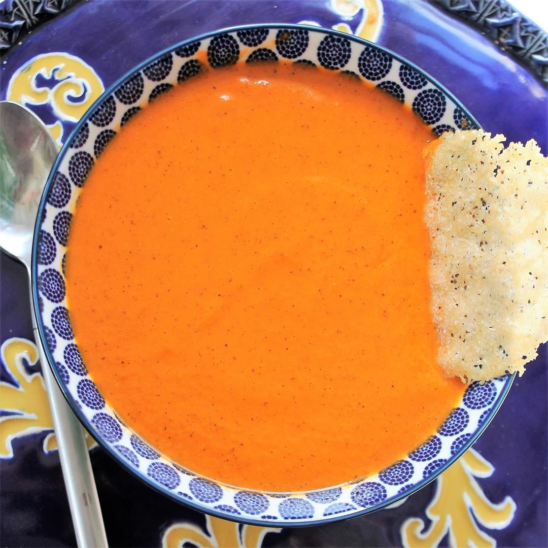 Creamy Tomato Soup with Peppery Parmesan Crisps