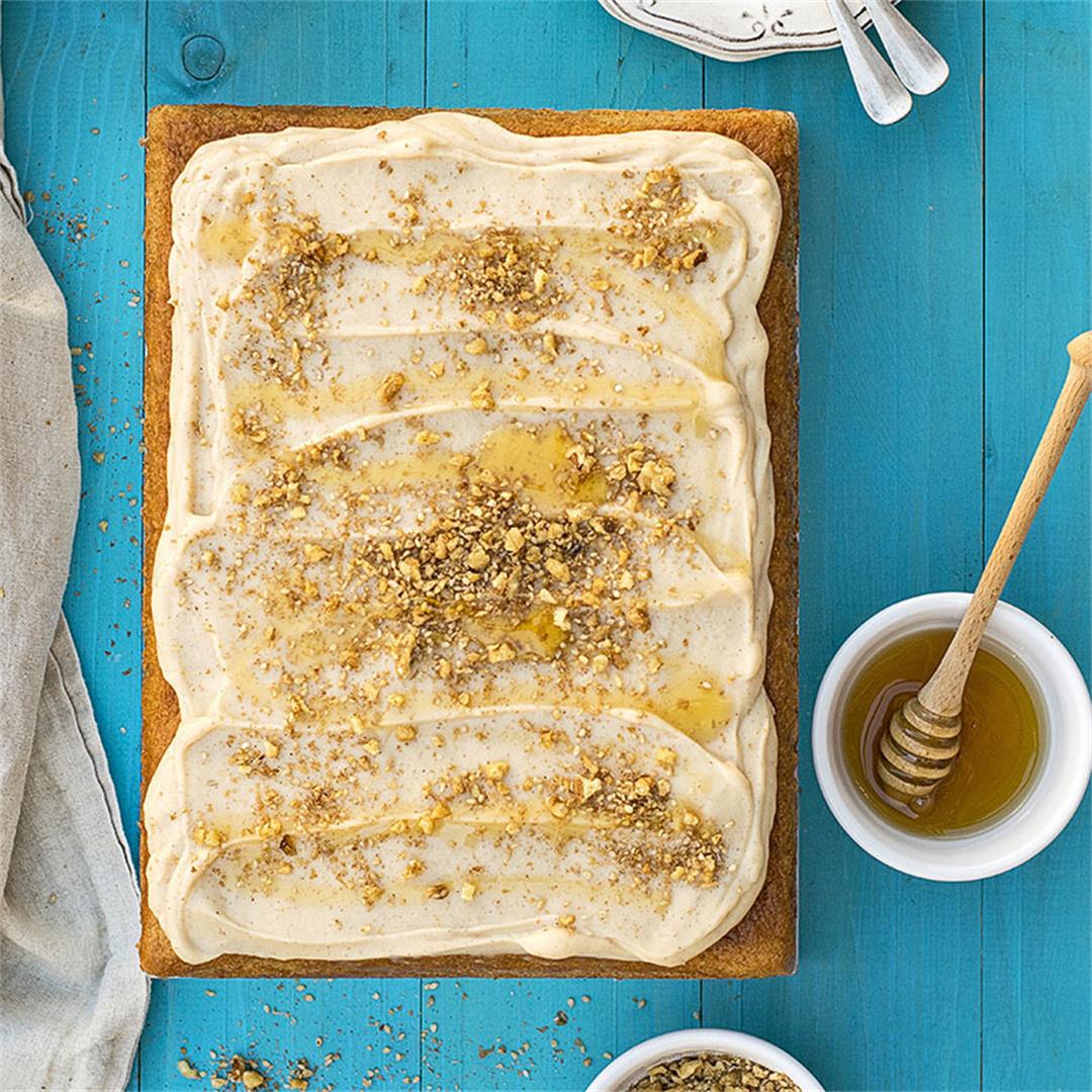 Greek walnut sheet cake (Karidopita) with vanilla custard cream