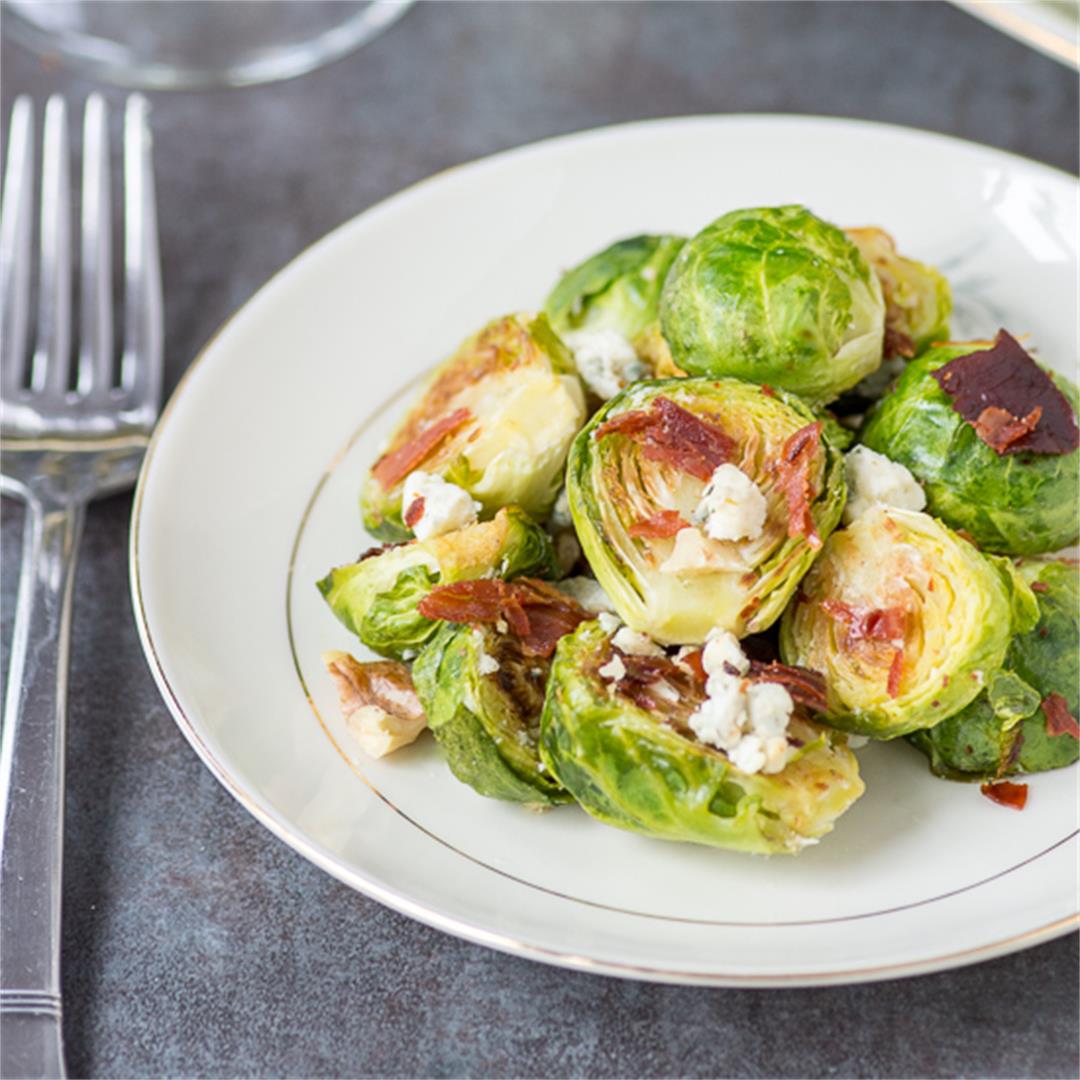 Blue Cheese Brussels Sprouts with Walnuts and Crispy Prosciutto