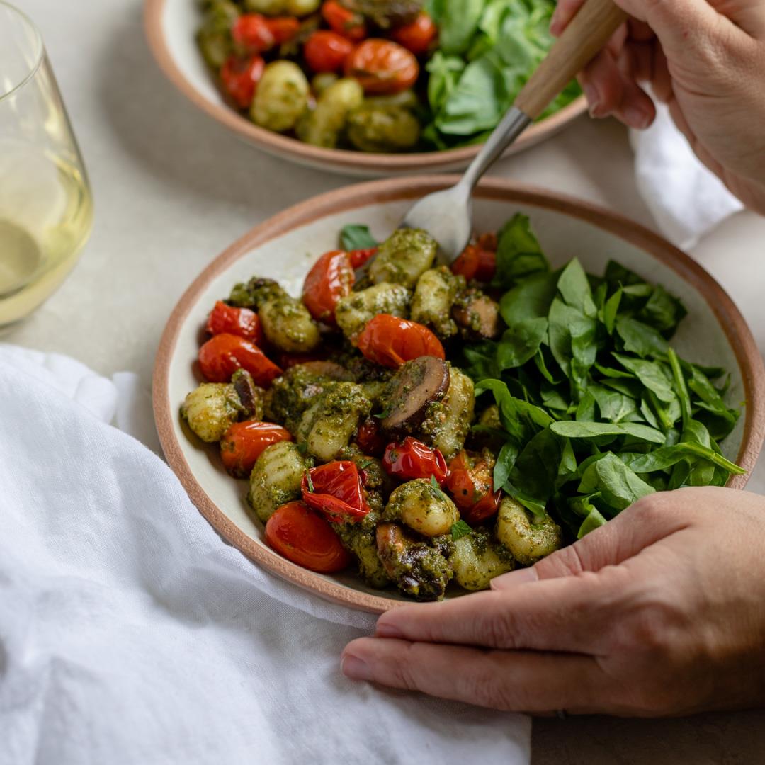 Gnocchi with Pesto and Charred Cherry Tomatoes