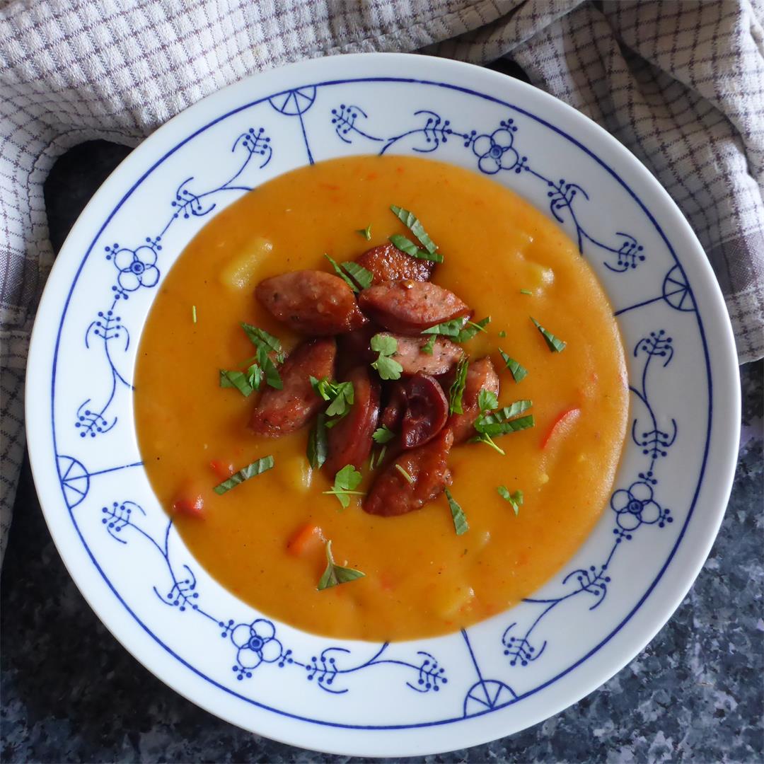 Best potato & bell pepper soup, topped with sausage