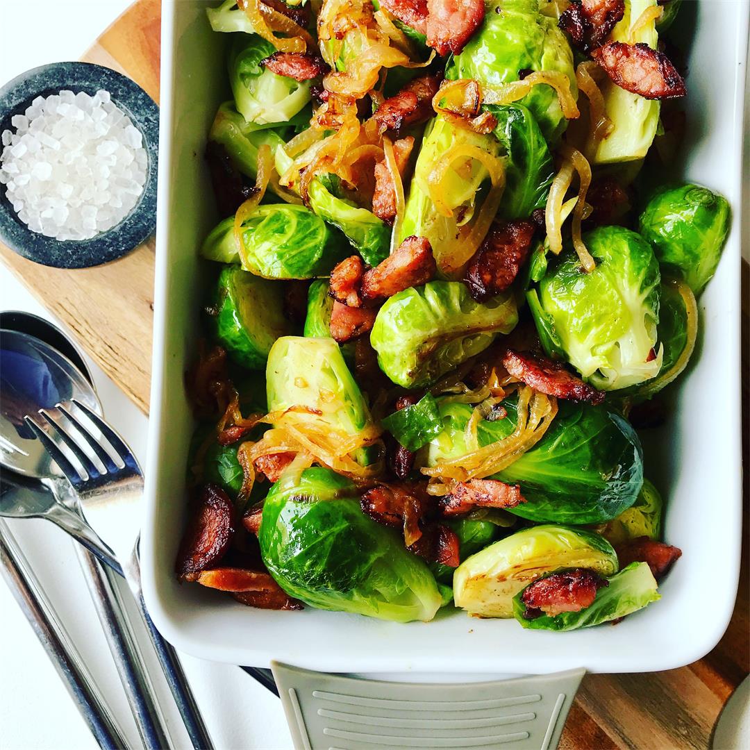 Chorizo Brussel Sprouts with Balsamic Glaze