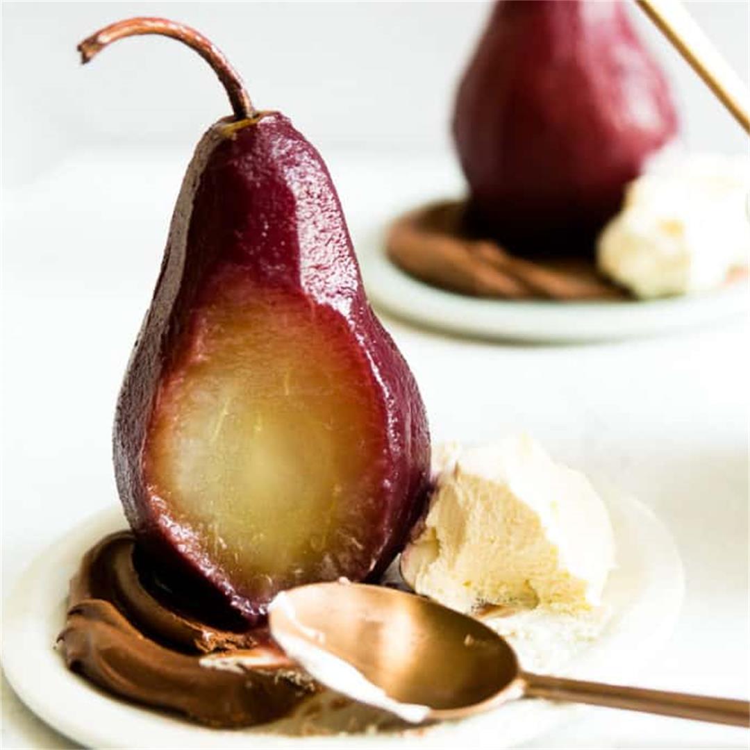 Mulled Wine Poached Pears with Chocolate & Cream