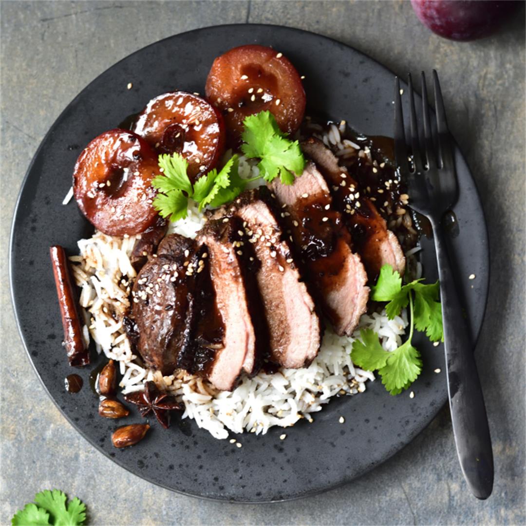 Slow-roasted duck breast with plum sauce