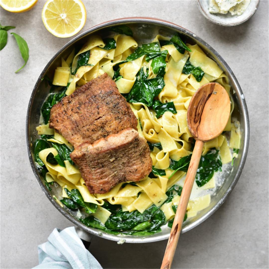 Fish with gorgonzola spinach and lemon pasta