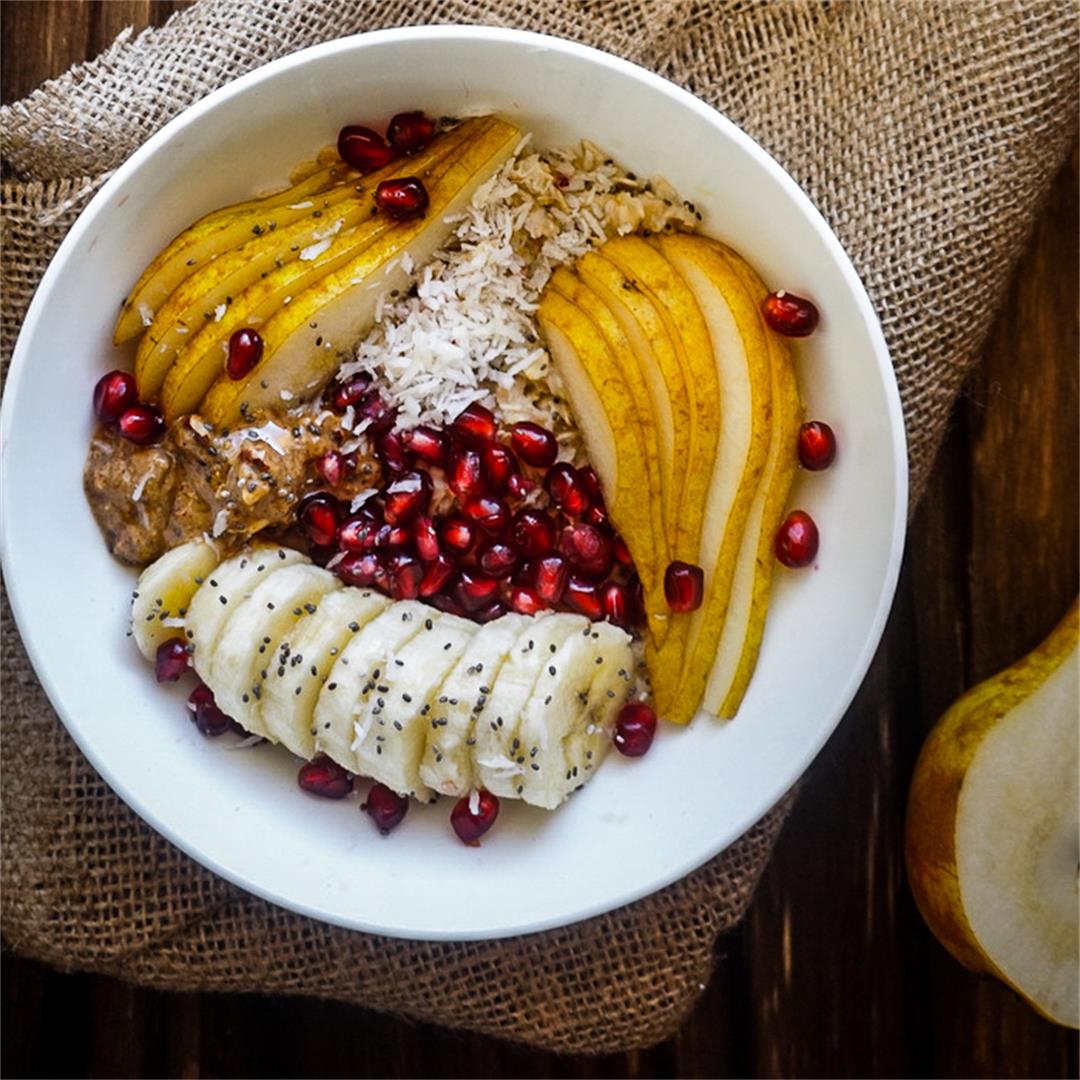 Pomegranate Pear Oatmeal with Almond Butter