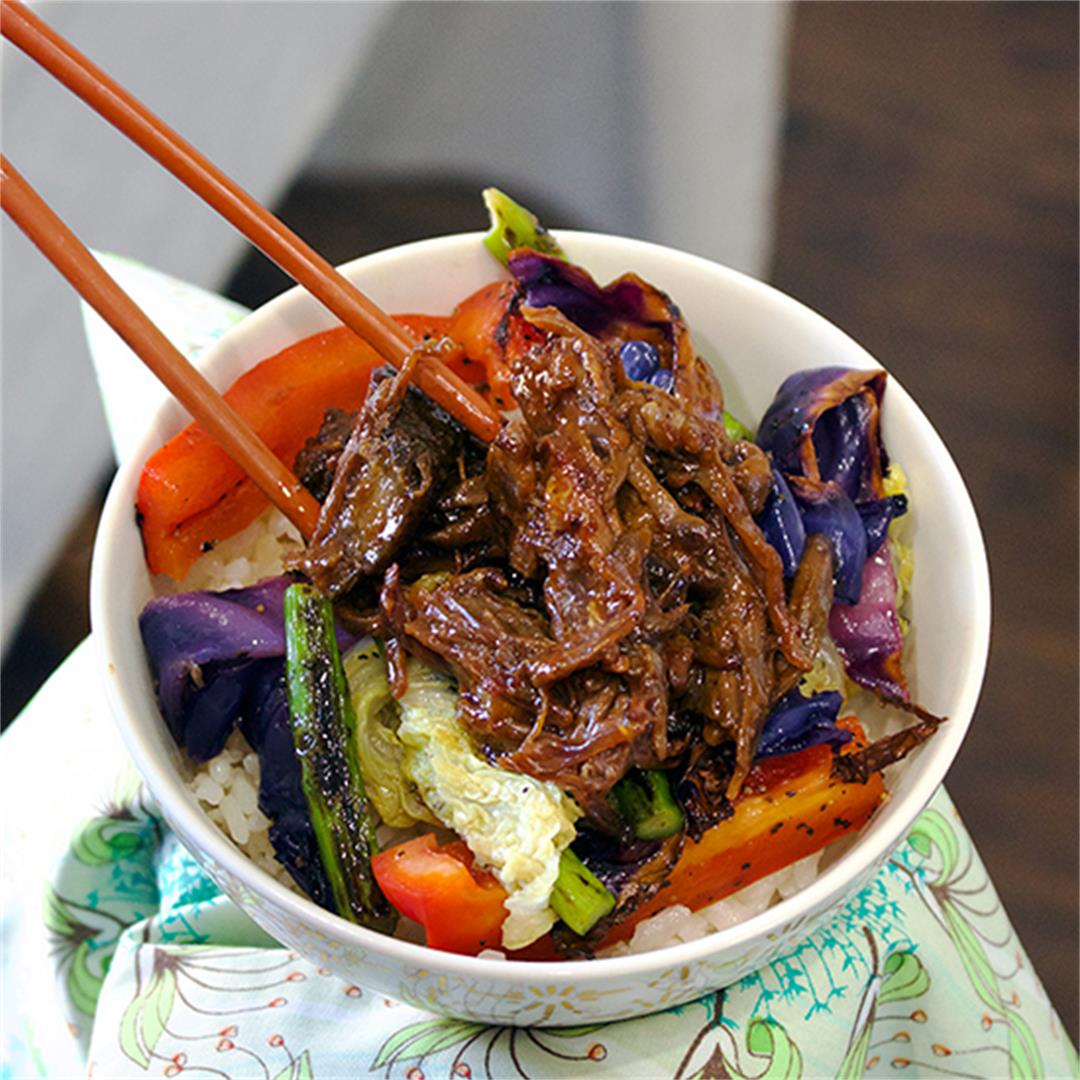 Asian Slow Cooker Short Rib, Rice, and Veggie Bowls