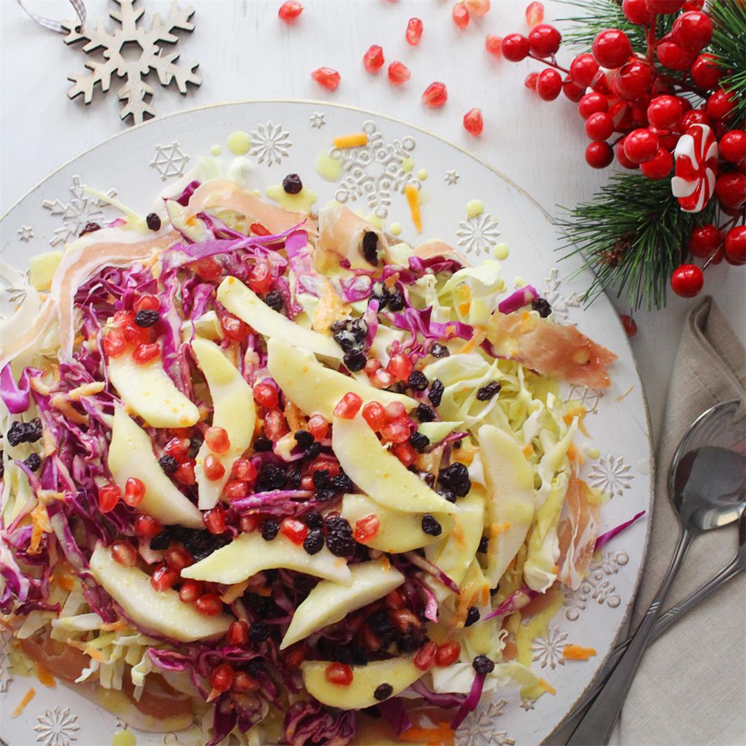 Festive Cabbage Pear Salad with amazing dressing