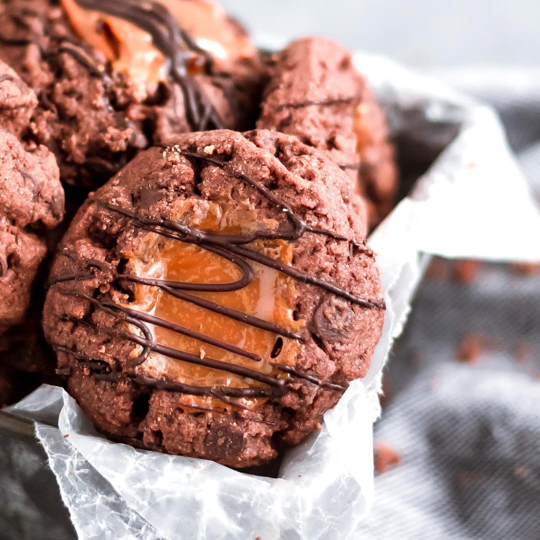 Triple Chocolate Caramel Thumbprint Cookies