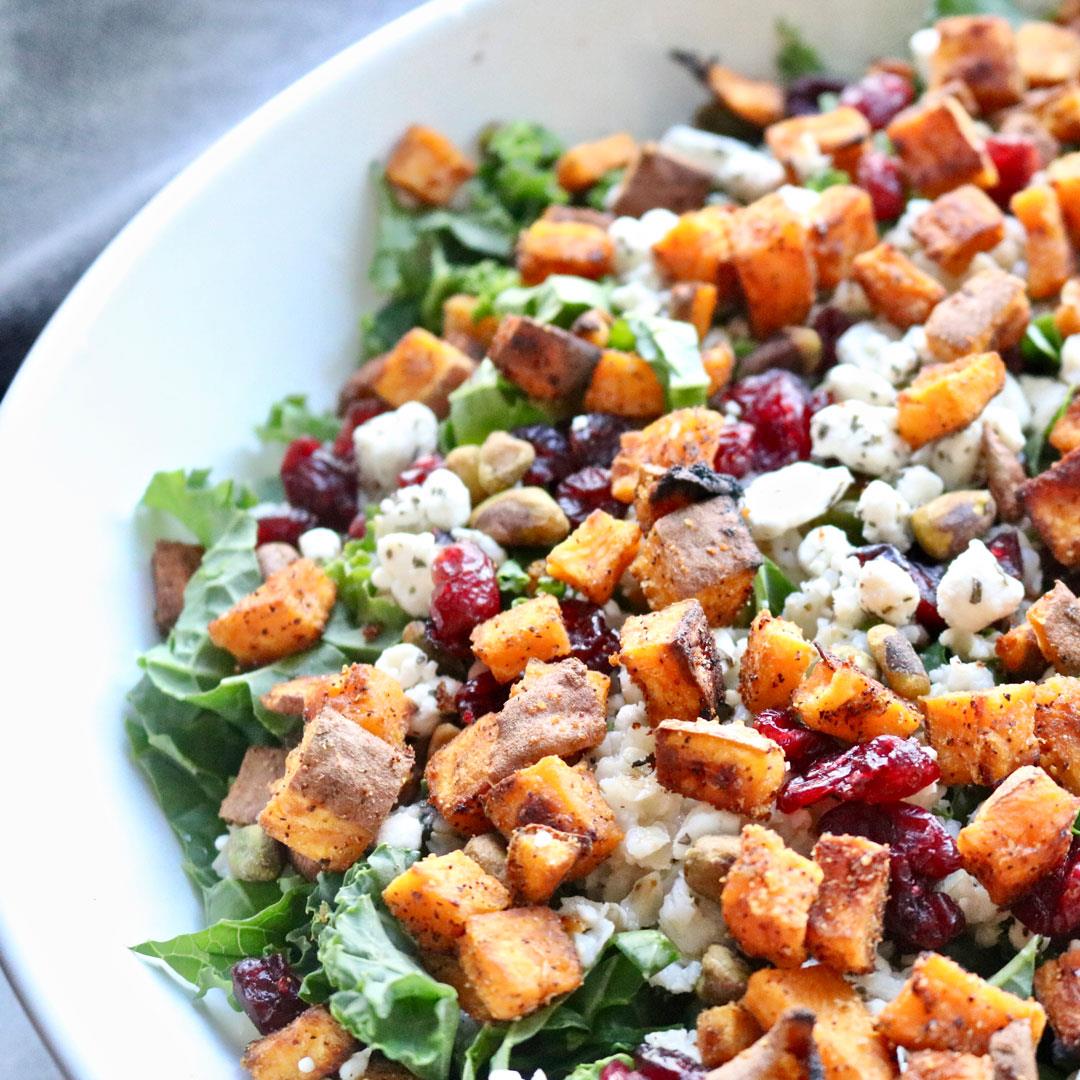 Simple Winter Kale Salad with Sweet Potato Croutons