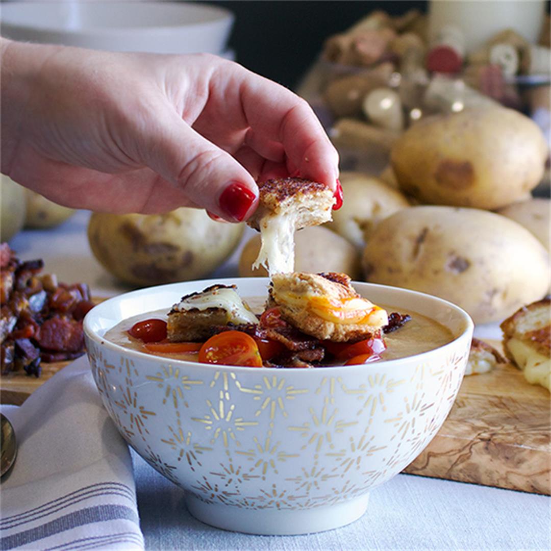 Potato Cheese Soup with Grilled Cheese Croutons