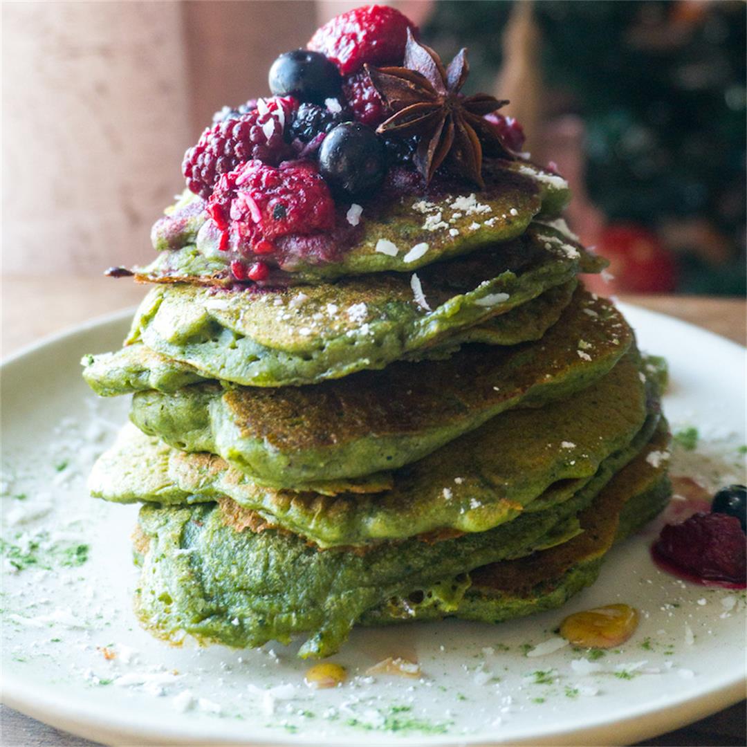Matcha Coconut Chia Pancakes with Warm Berry Topping